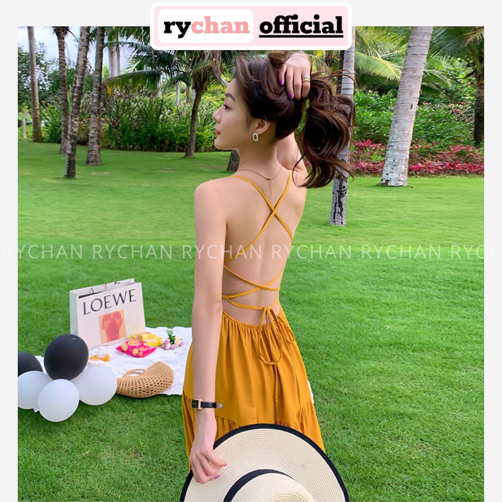 Đầm Maxi Đi Biển Dáng Xòe (Sẵn Mút Ngực) Đan Lưng Sexy Cổ Yếm Màu Vàng - DM068