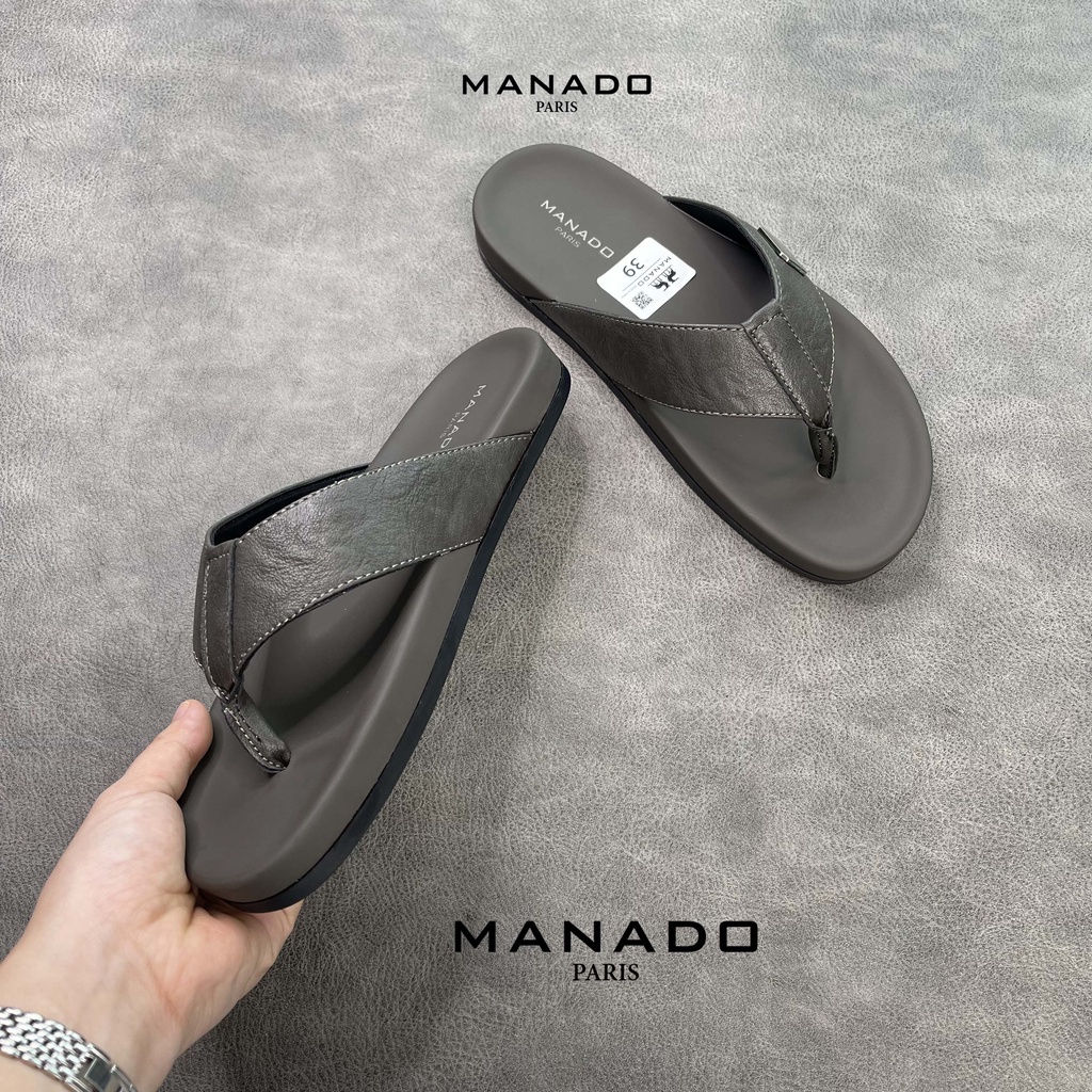 Dép xỏ ngón, dép quai kẹp nam cao cấp Manado Mã MND09 Màu Xám fullbox, quai da mềm mại, đế cao su thiết kế chắc chắn