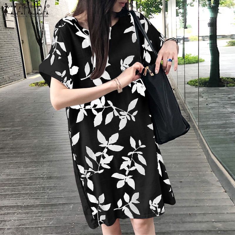 Đầm lửng ZANZEA tay ngắn cài nút phía sau phong cách vintage thời trang cho nữ