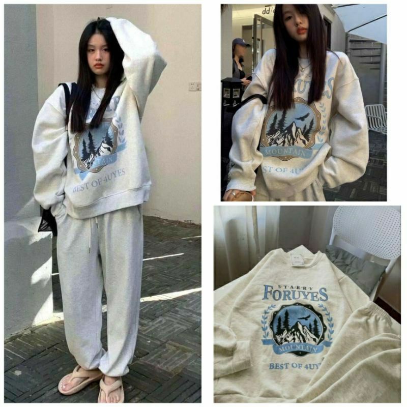 Set Bộ Nỉ Dài Thu Đông nam nữ 💓 Bộ thể thao dài tay màu xám Foruyes Star có chất nỉ bông loại đẹp