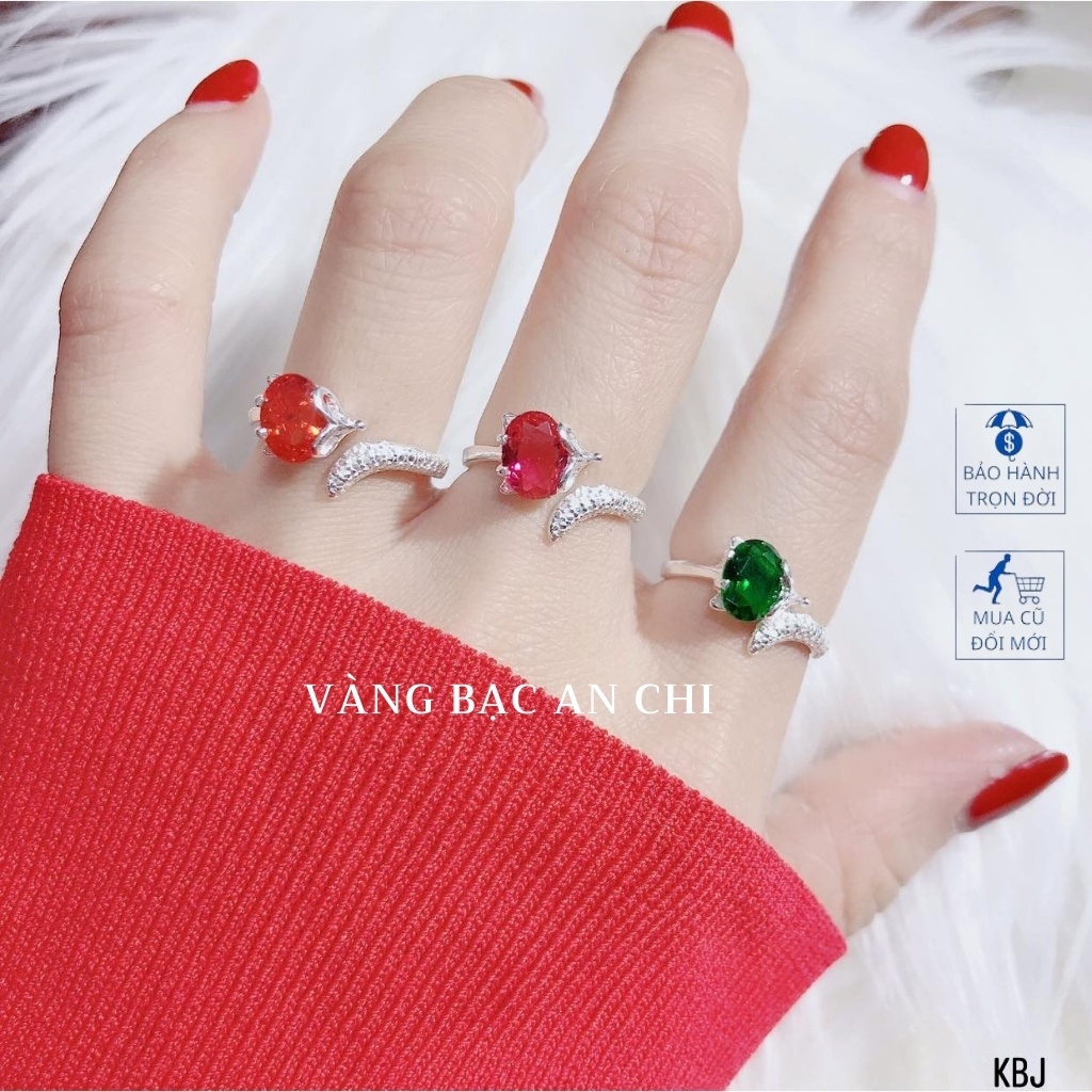 Nhẫn nữ/nhẫn bạc thật giá rẻ,nhẫn mặt đá màu xanh đỏ đen vàng trắng tím phong thủy Vàng bạc an chi