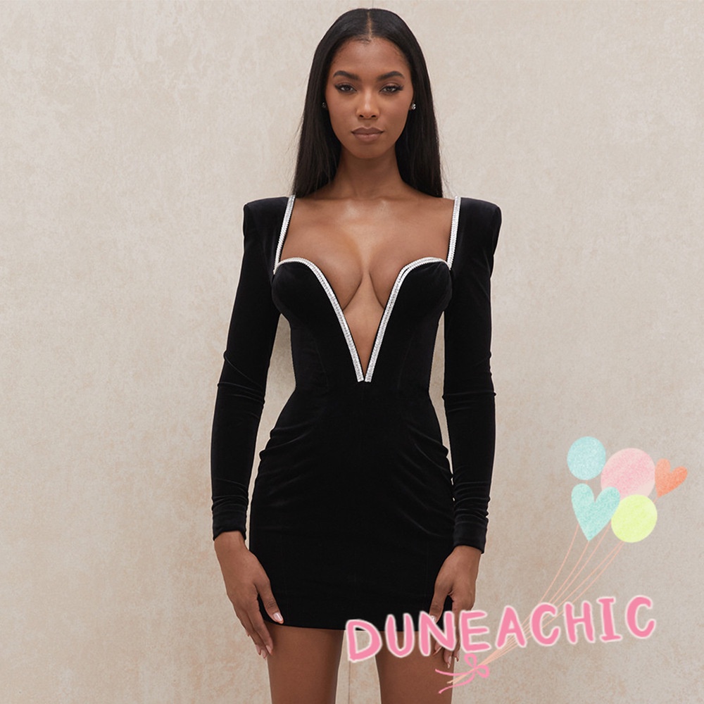 DUNEA Đầm Nhung Đen Dài Tay Cổ Chữ V Khoét Sâu Hở Lưng Gợi Cảm Cho Nữ