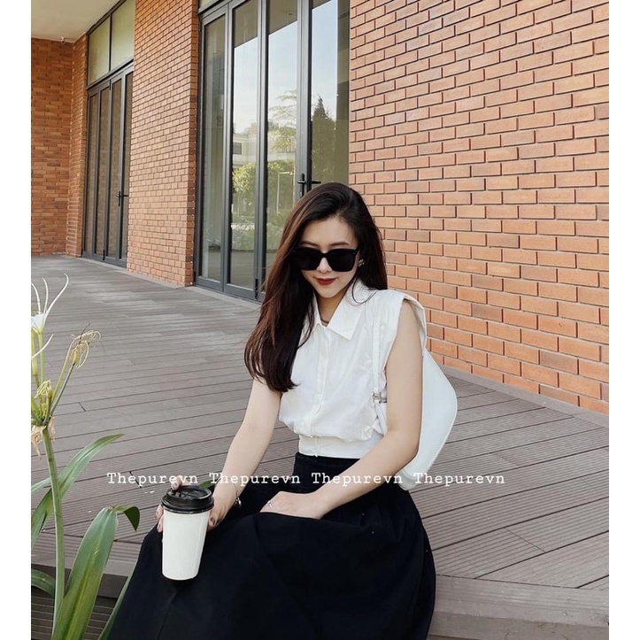 : Áo sơ mi G.U dáng croptop có video, ảnh thật
