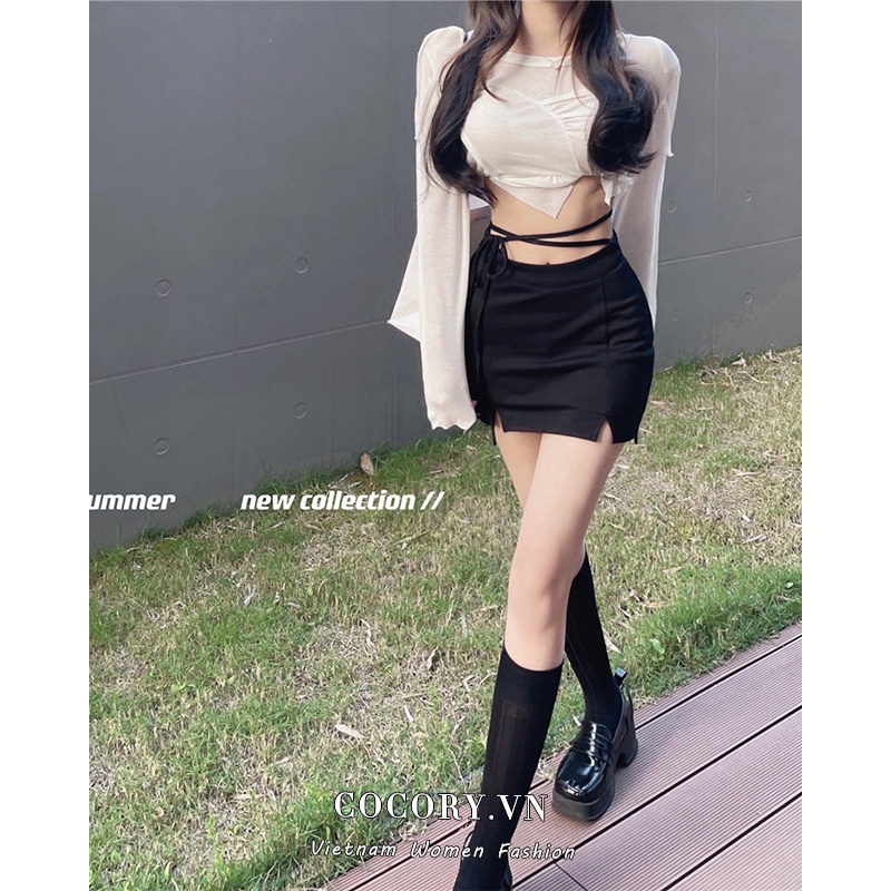 Cocory vn Set Áo Thun Dài Tay + Chân Váy Ngắn Màu Đen Xẻ Tà Thời Trang