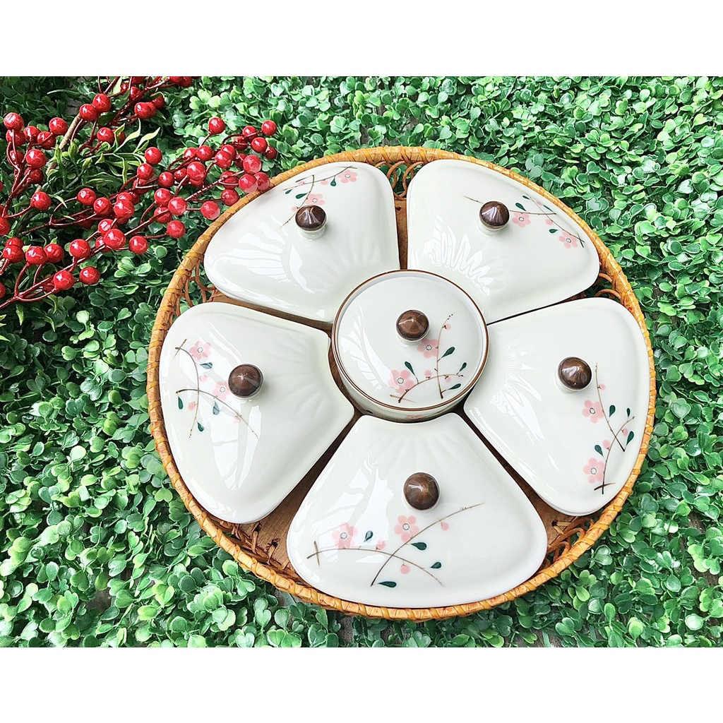 Bộ Khay Mứt Tết Hình Cánh Hoa Gốm Sứ Bát Tràng/ Khay Bánh Kẹo Cao Cấp