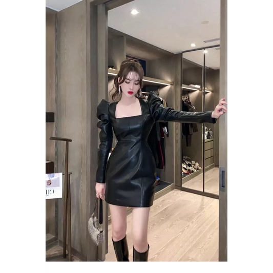 Váy da cổ vuông tay phồng dài tay hàng cao cấp