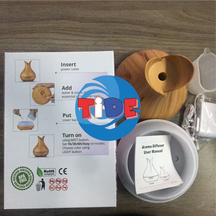 Thiết bị khuếch tán tinh dầu Aroma AM003D – Thiết kế bình hoa vân gỗ – Dung tích 400ml - Led 7 màu – Bảo hành 1 năm