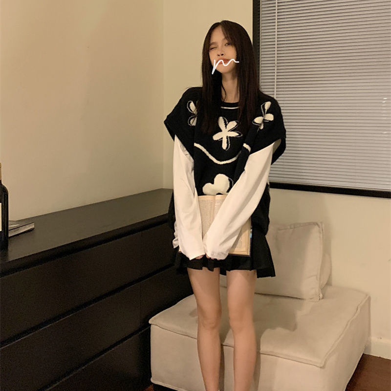 Áo Len Không Tay Dáng Rộng Họa Tiết Hoa Trắng Đen Thời Trang Cho Nữ