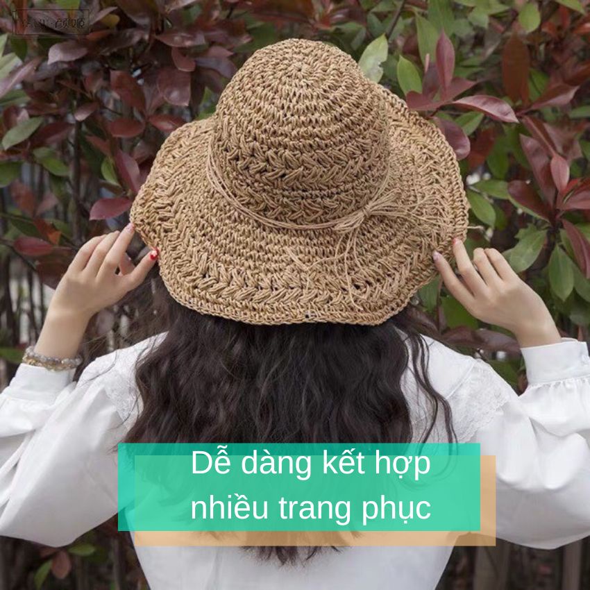 Mũ cói mềm đan móc rộng vành thắt dây cói