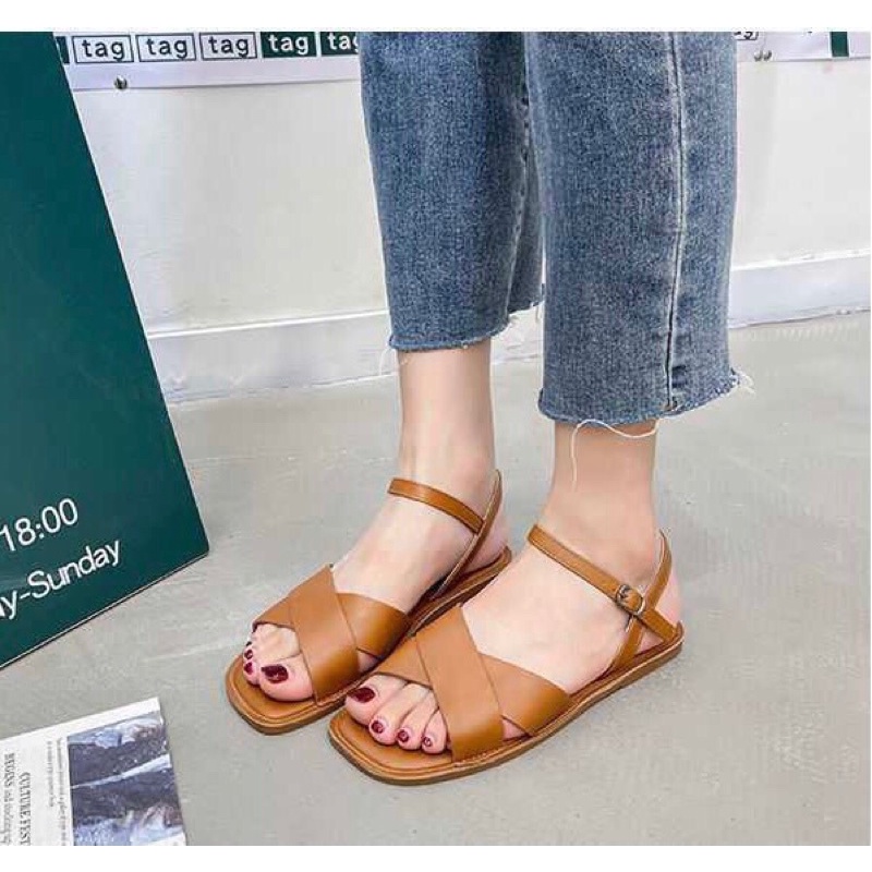 Sandal quai chéo da si mềm màu da bò cực tây dễ phối hợp quần áo