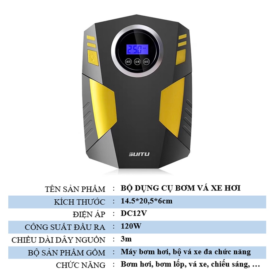 Bơm lốp ô tô xe hơi tự ngắt khi đầy SUITU có đèn chiếu cực sáng kèm bộ vá đa chức năng cao cấp