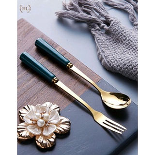 #Hot Sale# Thìa - rĩa cafe ăn hoa quả màu vàng cán sứ xanh cổ vịt Hoàng Gia phong cách Đông Âu - sang trọng lịch sự số 1