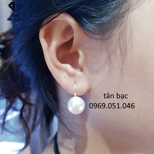 bông tai nữ, bạc ta 925 , kiểu dáng cài , hạt ngọc to tròn , bạc sáng