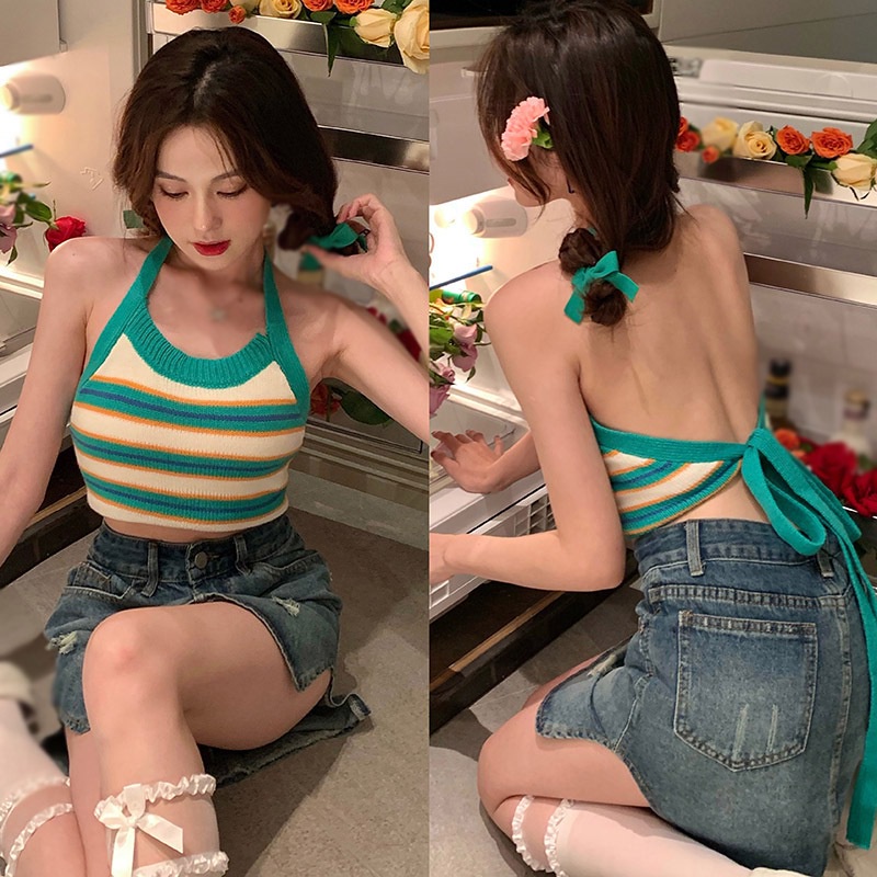 Áo Hai Dây Dệt Kim Hở Lưng Họa Tiết Kẻ Sọc Phong Cách Gợi Cảm Thời Trang Cho Nữ
