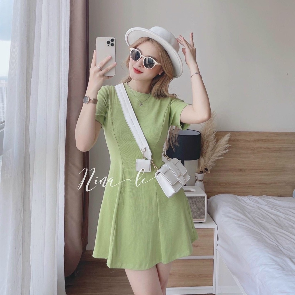 Đầm váy nữ tay con xếp li vải tăm gân co giãn 2 màu sáng tôn dáng trẻ trung sang trọng thanh lịch siêu xinh