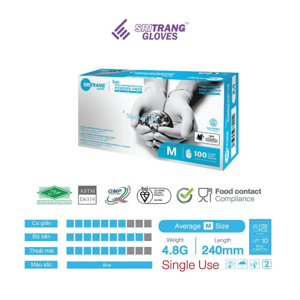 Găng tay y tế màu xanh Sri Trang Nitrile Không Bột 4.8g 100 chiếc/hộp