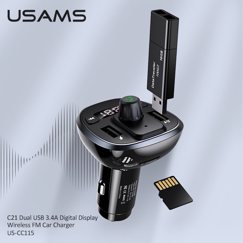 Tẩu sạc nhanh ô tô C21 FM Kết Nối Bluetooth 5.0 Hai Cổng USB 3.4A Rảnh Tay Dùng Trong Xe Hơ Thiết Bị Phát Són