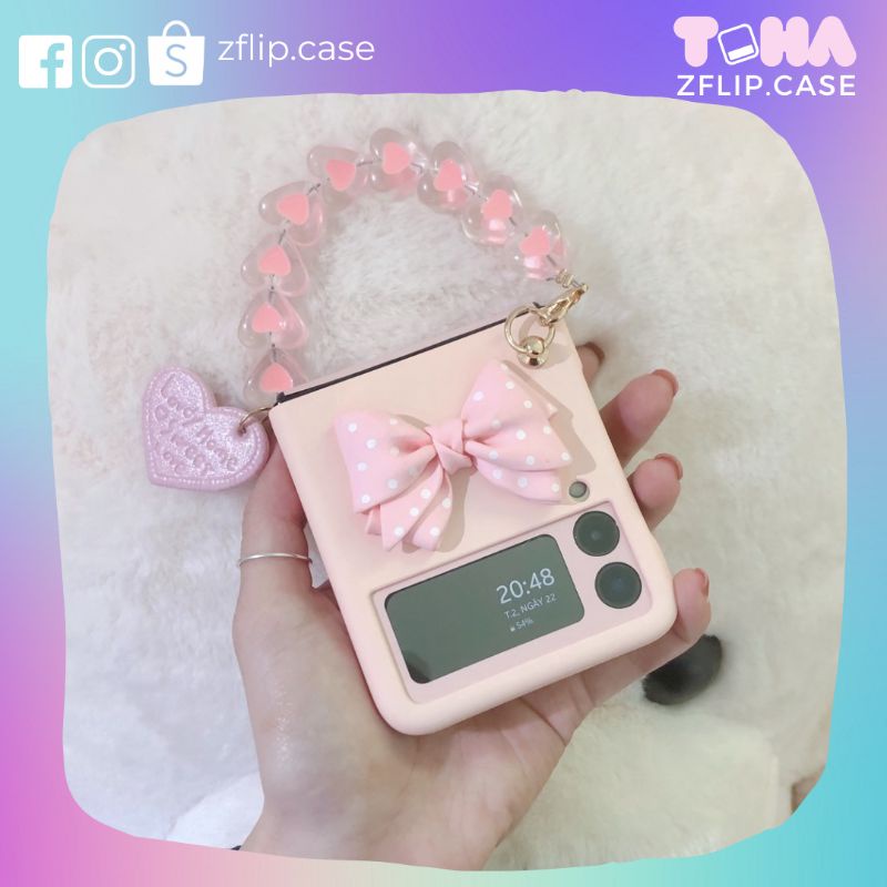Ốp Samsung Z Flip3 / ZFlip3 / Z Flip4/ ZFlip4 đính nơ có dây xách xinh xắn (2 màu)