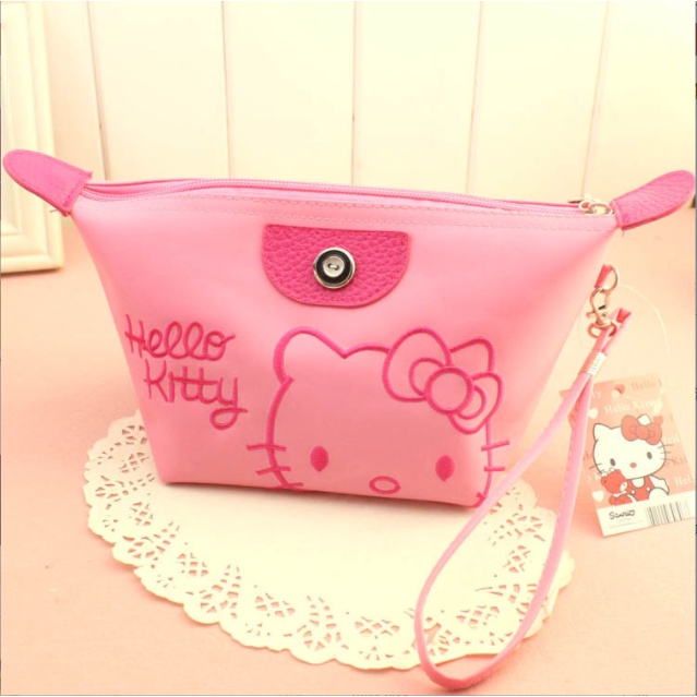 Túi đựng mỹ phẩm bằng da PU chống thấm nước in hình Hello Kitty dễ thương sức chứa lớn tiện dụng