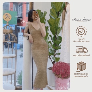 Đầm maxi ôm body 2 dây, váy dây hở lưng sexy dáng dài phối đuôi cá chất vải xốp xịn