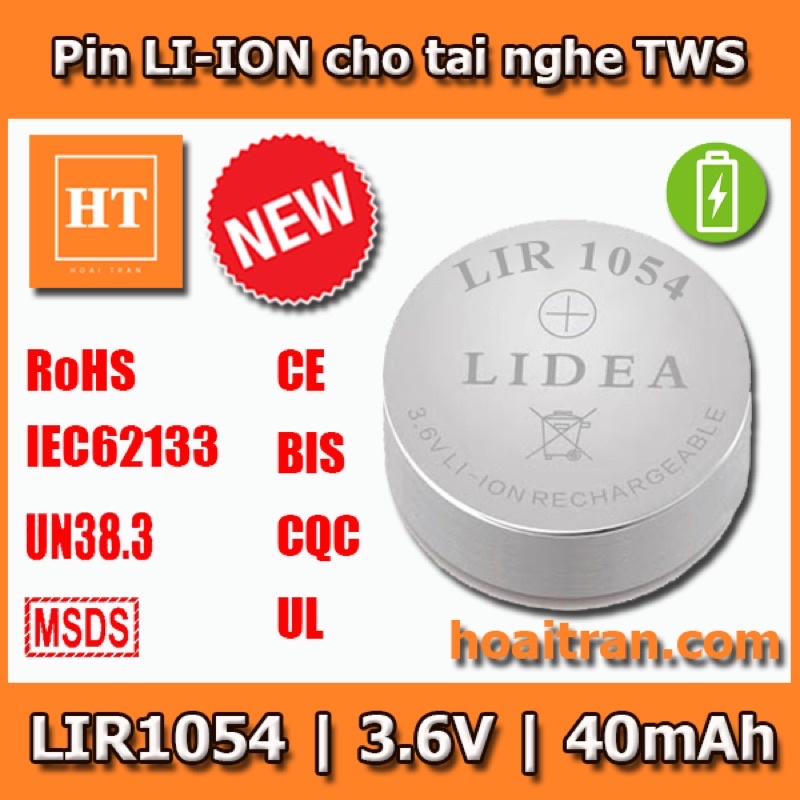 Pin nút Li-ion 3.6V LIR1054 40mAh (Lithium ion) cho tai nghe Bluetooth TWS, có thể sạc lại được