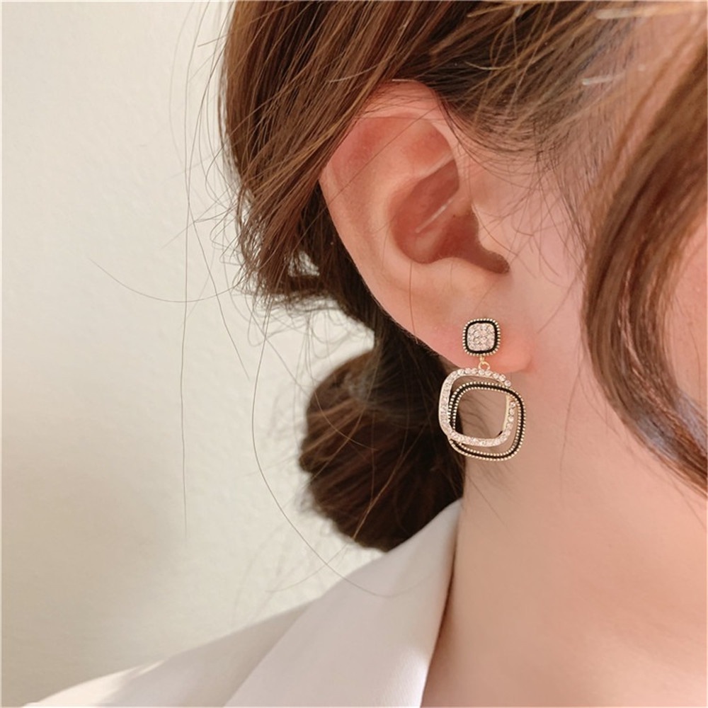 Bông Tai Hình Tròn Lớn Đính Kim Cương Trắng/ Đen Phong Cách Hàn Quốc Thời Trang Cho Nữ