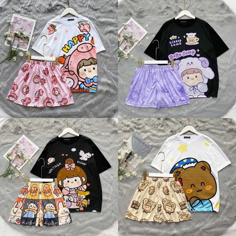 Set áo thun 3D kèm short hoạt hình cartoon- set 3D cartoon