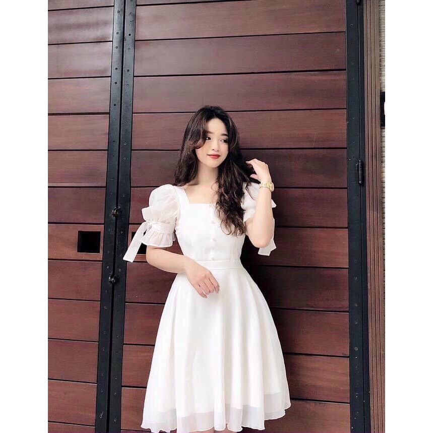 Đầm Dự Tiệc Thiết Kế Cổ Vuông Tay Nơ Xinh Lung Linh Hanaki HNK1011 | BigBuy360 - bigbuy360.vn