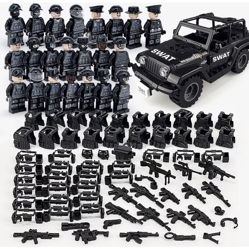 Bộ Đồ Chơi Lắp Ráp 24 Nhân Vật Lego SWAT Đầy Đủ Phụ Kiện Kèm Theo 1 Xe SWAT Đen