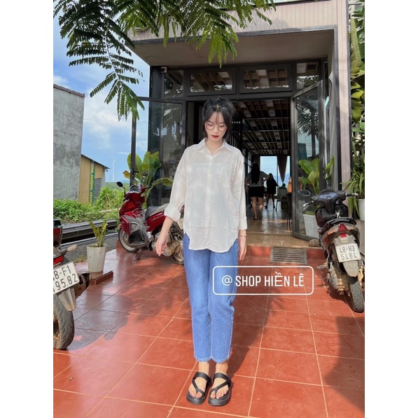 Set baggy jeans trơn xanh + sơ mi tay dài 1 túi