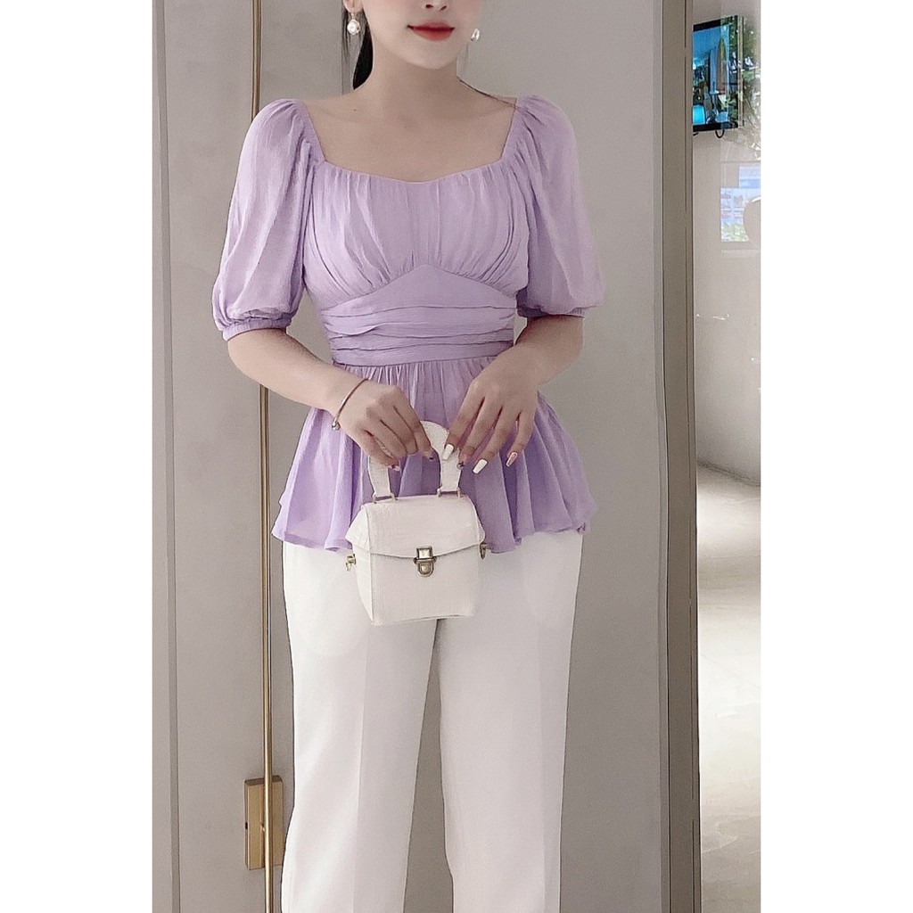 Áo sơ mi nữ ngắn tay cổ vuông nhún eo ASW0542 - 92WEAR | BigBuy360 - bigbuy360.vn