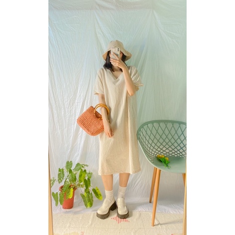 Đầm be linen form rộng