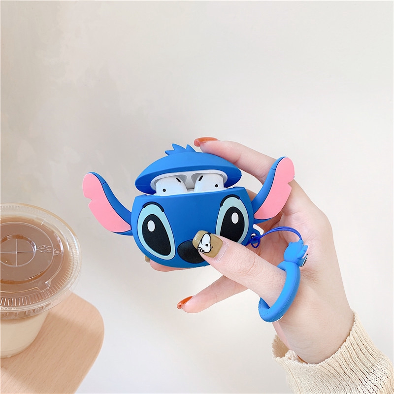 Lilyrose Store/ 3D Cartoon Cute Stitch Couple Lover AirPods 1/2 AirPods Pro Bluetooth Headset Anti-fall Silicone Soft Case Headset Protection Cover With Lanyard