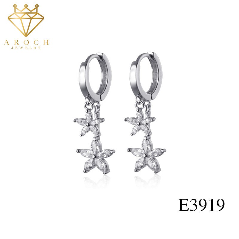 Khuyên tai bạc Ý s925 siêu phẩm hai đôi hoa 5 cánh thả dài E3919 - AROCH Jewelry