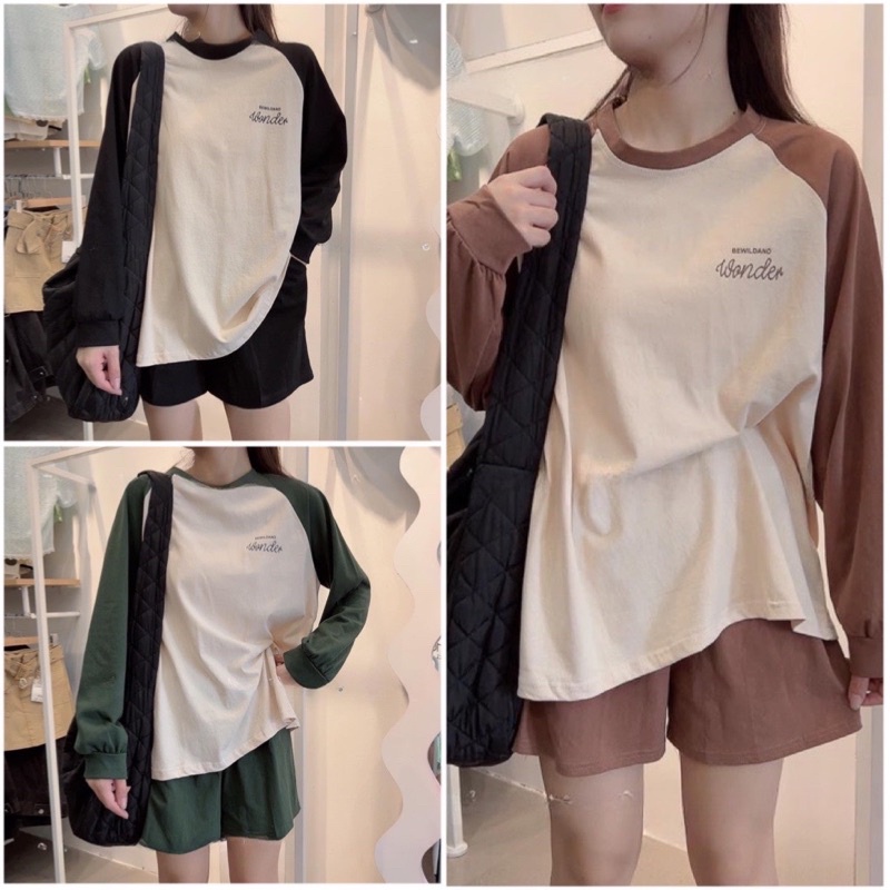 Bộ Thun Tay Dài Chữ Pha Tay Unisex  Set áo Form Rộng Tay Dài Kèm Quần Short Đùi  Kiểu Hàn Quốc Sẵn Ảnh Thật