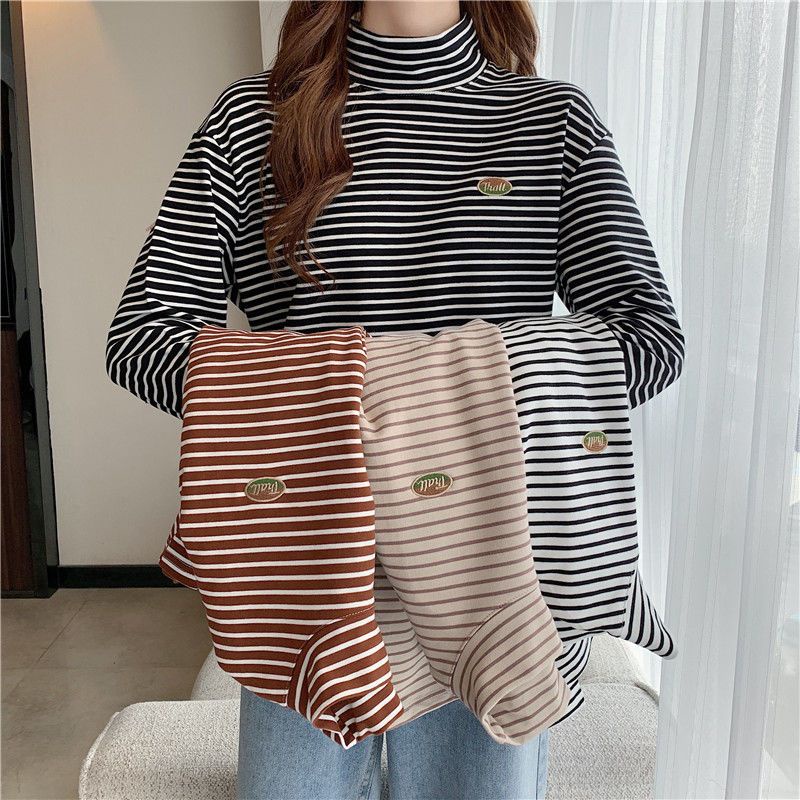 Áo Thun Tay Dài Cổ Cao Dáng Rộng Họa Tiết Kẻ Sọc Phong Cách Hàn Quốc Thời Trang Cho Nữ NZ-TX-364