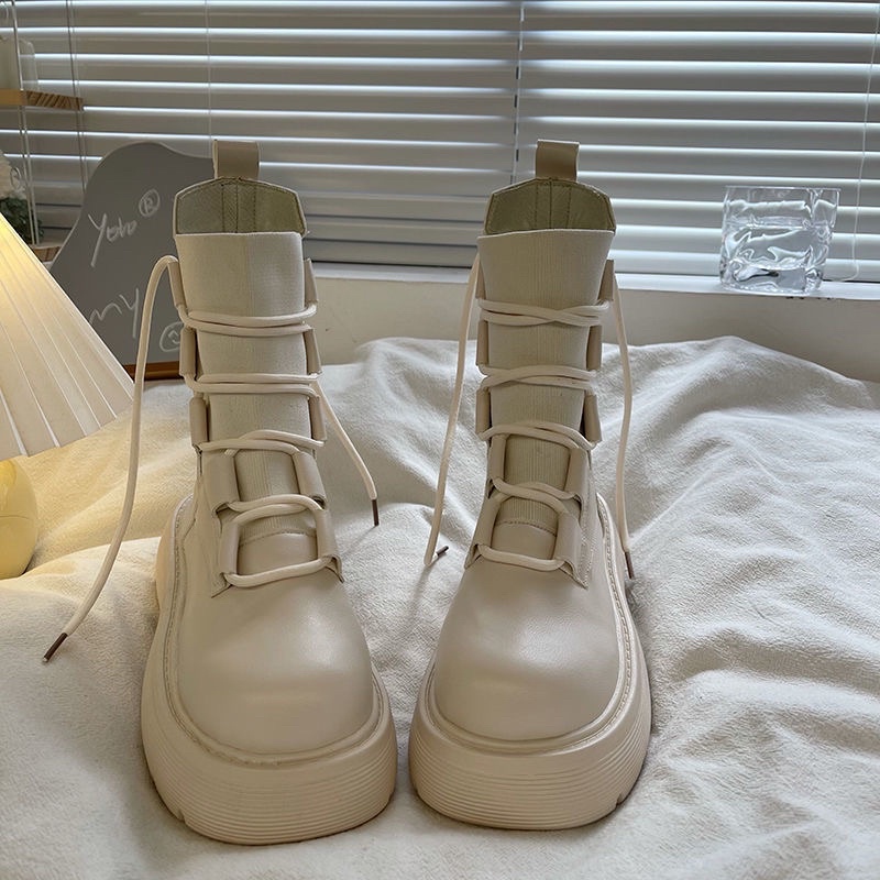 [Loại 1 - Sẵn] Boot Nữ Ngắn Cổ Chun Kết Hợp Buộc Dây Cá Tính Giày Nữ Cao Cổ Buộc Dây Cá Tính| N5