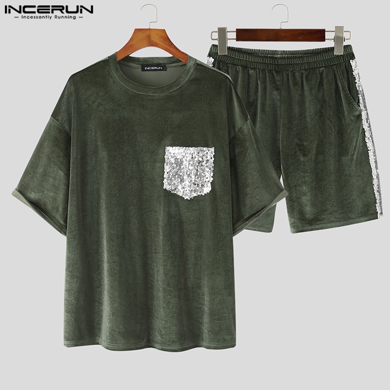 INCERUN Bộ Áo Ngắn Tay Cổ Tròn Đính Kim Sa + Quần Short Lưng Thun Thời Trang