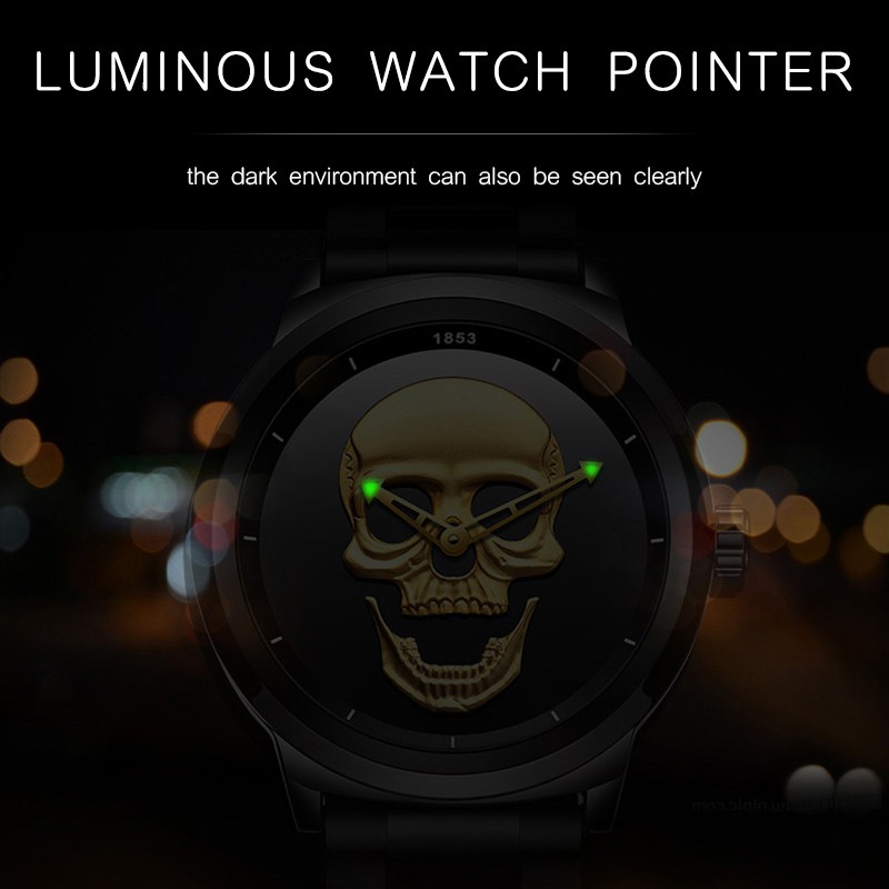 【Official product】WISHDOIT Simple atmosphere watch Waterproof swim watches stainless steel personality Crossbones skull casual watch Boutique popular watches Black watch Quartz watch fashion trend Young man watch.