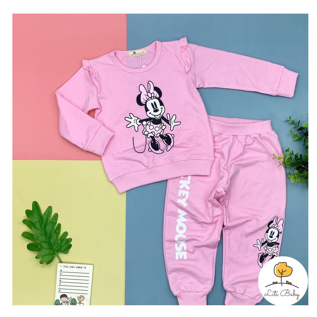 Bộ nỉ da cá thu đông dài tay Mickey viền áo bé gái size 3-10T, cho bạn từ 12-30kg. Chất nỉ da cá đẹp, dày dặn. In nét