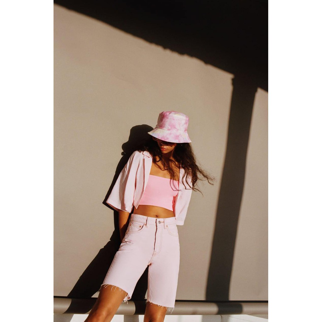 Quần short jean ống suông màu hồng pastel