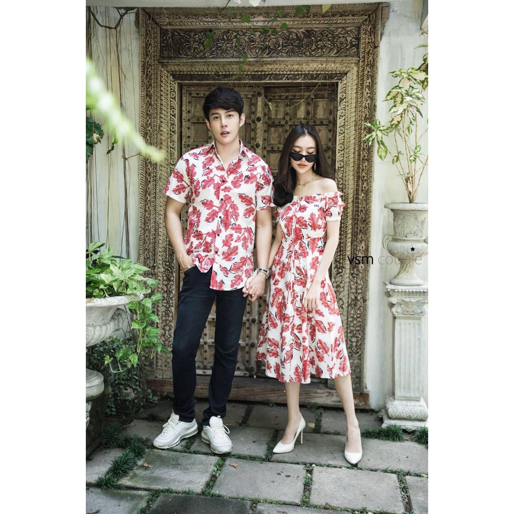 (CAO CẤP) Áo váy đôi tình nhân đi biển lá đỏ nền trắng bẹt vai siêu đẹp - Đồ đôi, thời trang nam nữ Forever Couple Store