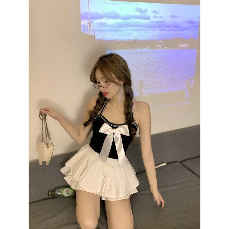 Jiashucheng Áo Hai Dây Dệt Kim Quấn Ngực Mùa Hè Dáng Ngắn Thắt Nơ Bên Trong