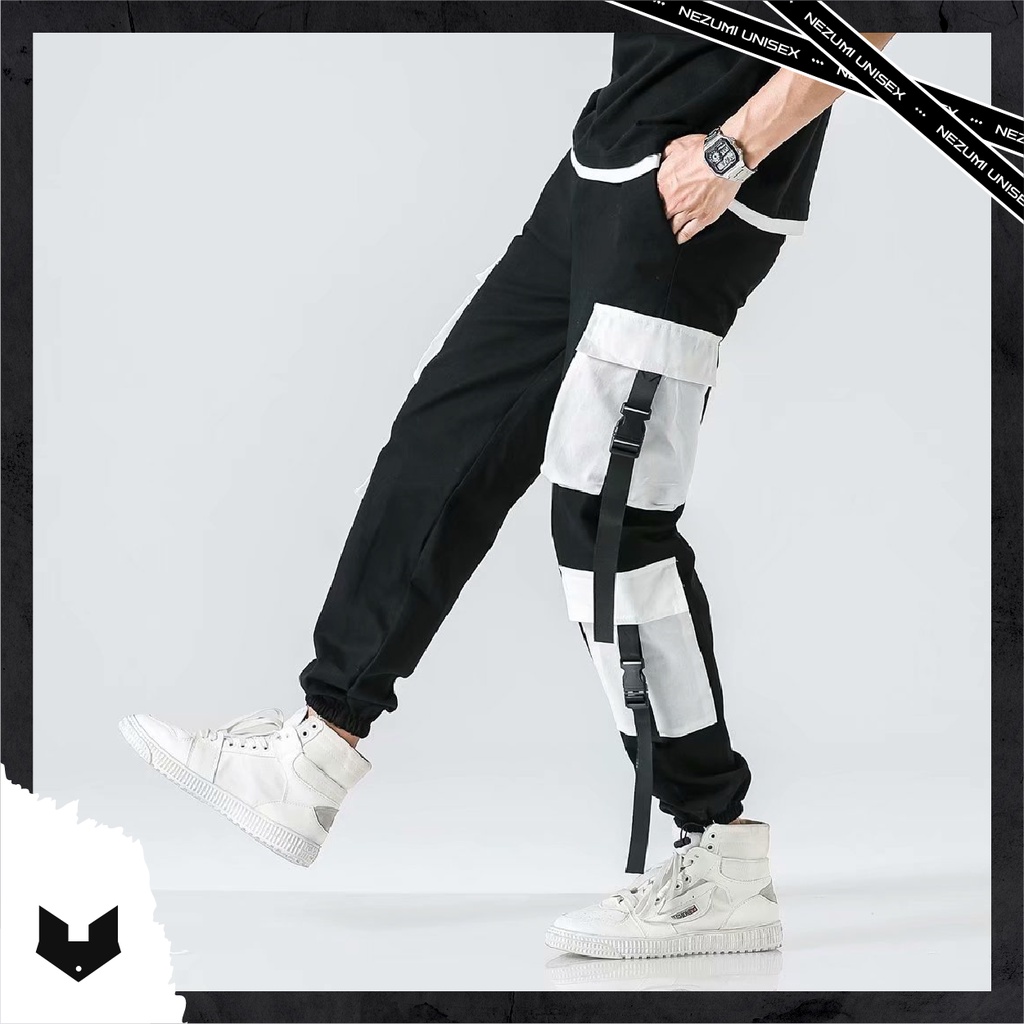 Quần jogger unisex nam nữ boxpant line đen trắng đai túi hộp tập gym, hiphop đường phố