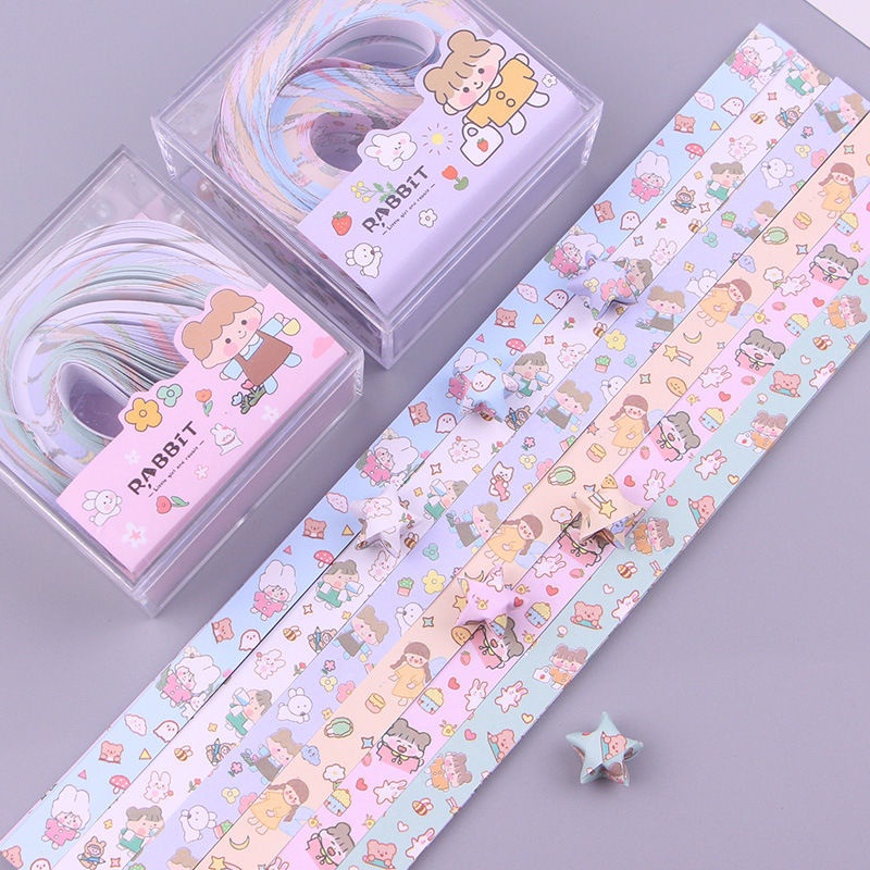 Giấy Xếp Origami Ngôi Sao May Mắn •┅Hộp Đựng Giấy Gấp Dài Họa Tiết Ngôi Sao May Mắn