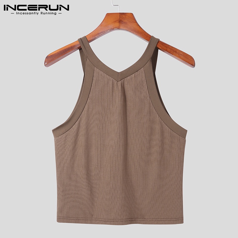 Áo tanktop croptop INCERUN dệt kim cài nút cổ V không tay thường ngày cho nam