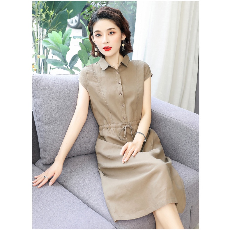 Đầm váy sơ mi suông dáng dài, ngắn tay, dây eo tự chỉn,chất vải đũi đẹp mềm mát D70