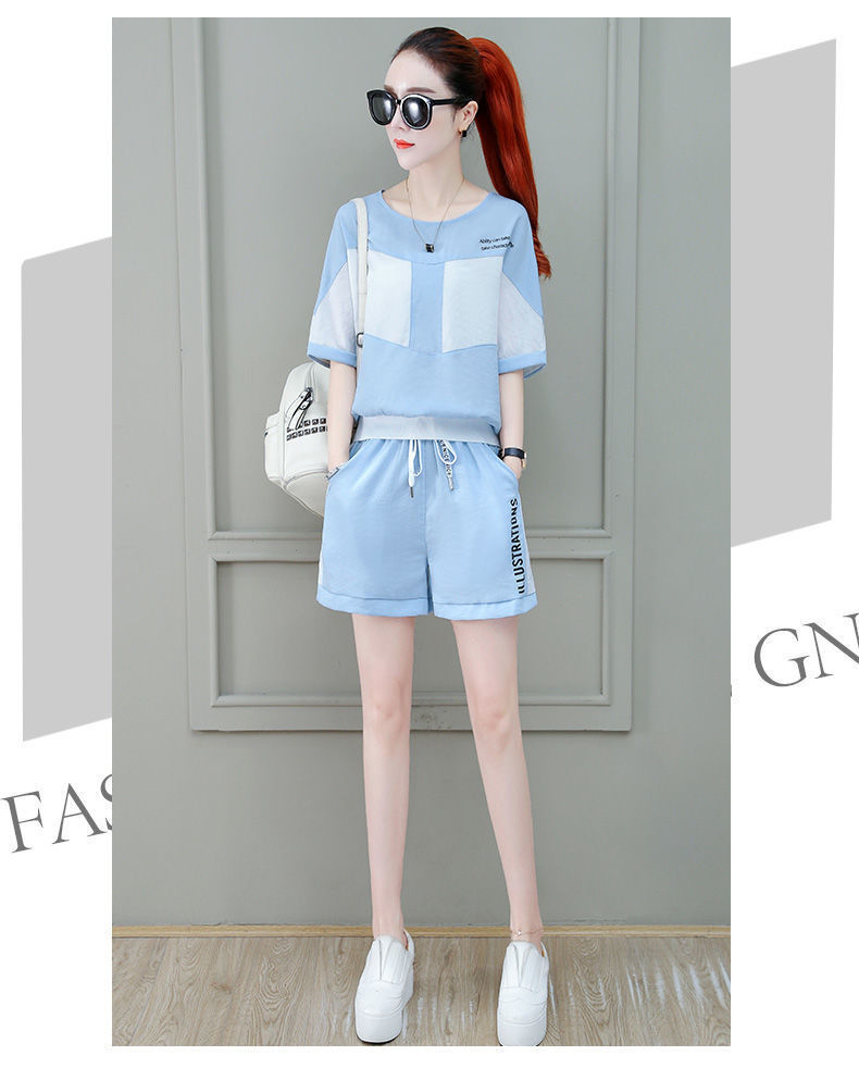 【READY STOCK】 Plus Size Sports Suit Quần áo thể thao Women's2021Summer Korean Style Younger Fashion Western Style Slimming Casual Short-Sleeved Shorts Two-Piece Set