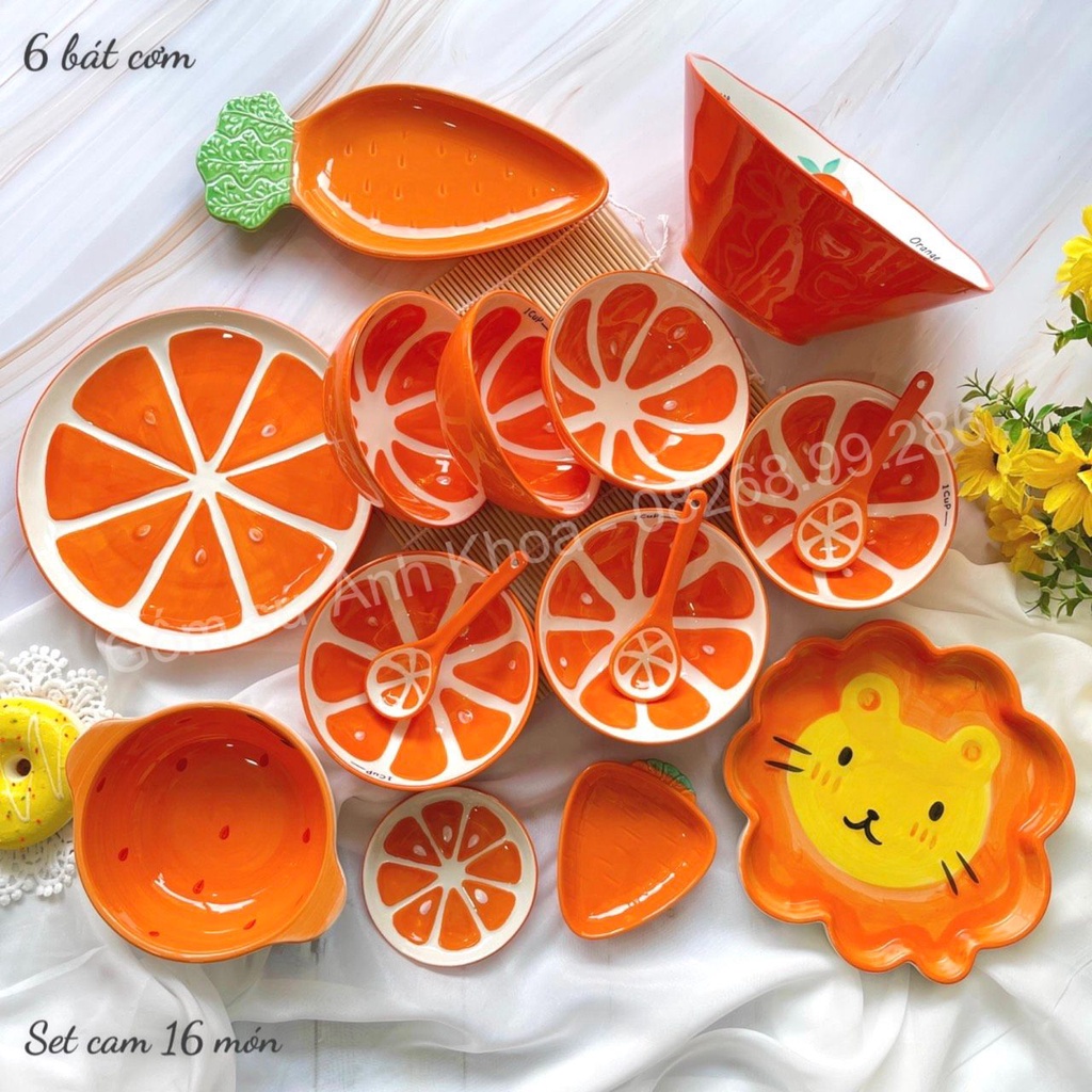 Set bát đĩa sứ 16 món quả cam xinh yêu,Chén Dĩa Sứ Bát Ăn Cơm Decor trang trí món ăn gia đình.