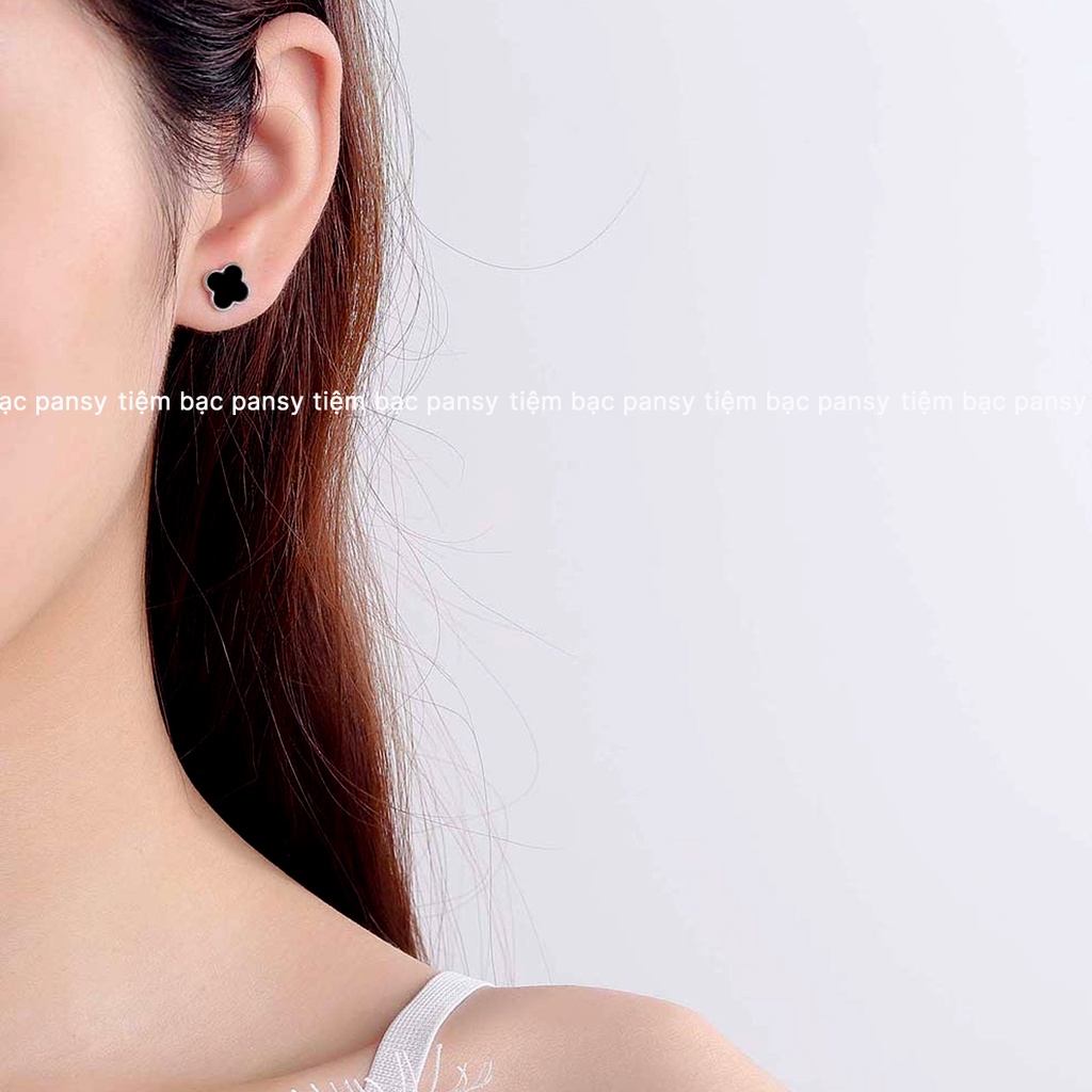 Bông tai bạc nữ PANSY kiểu dáng cỏ 4 lá may mắn sơn đen - Khuyên tai bạc ta cao cấp